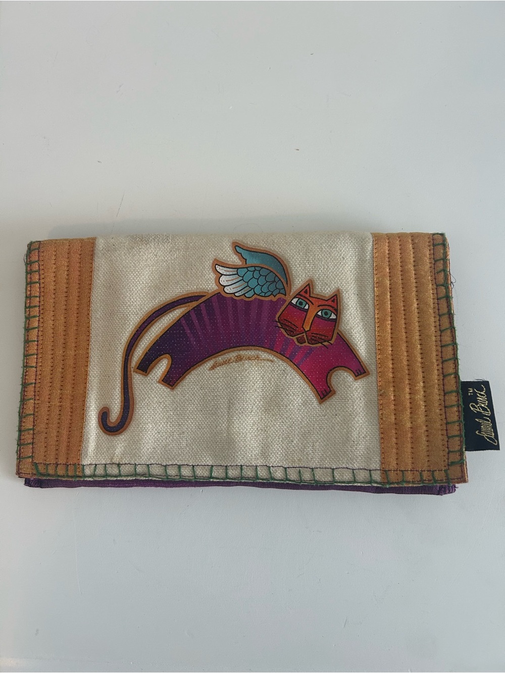 Laurel Burch Whimsical Winged Flying Cat Canvas Wallet in Cream & Purple
